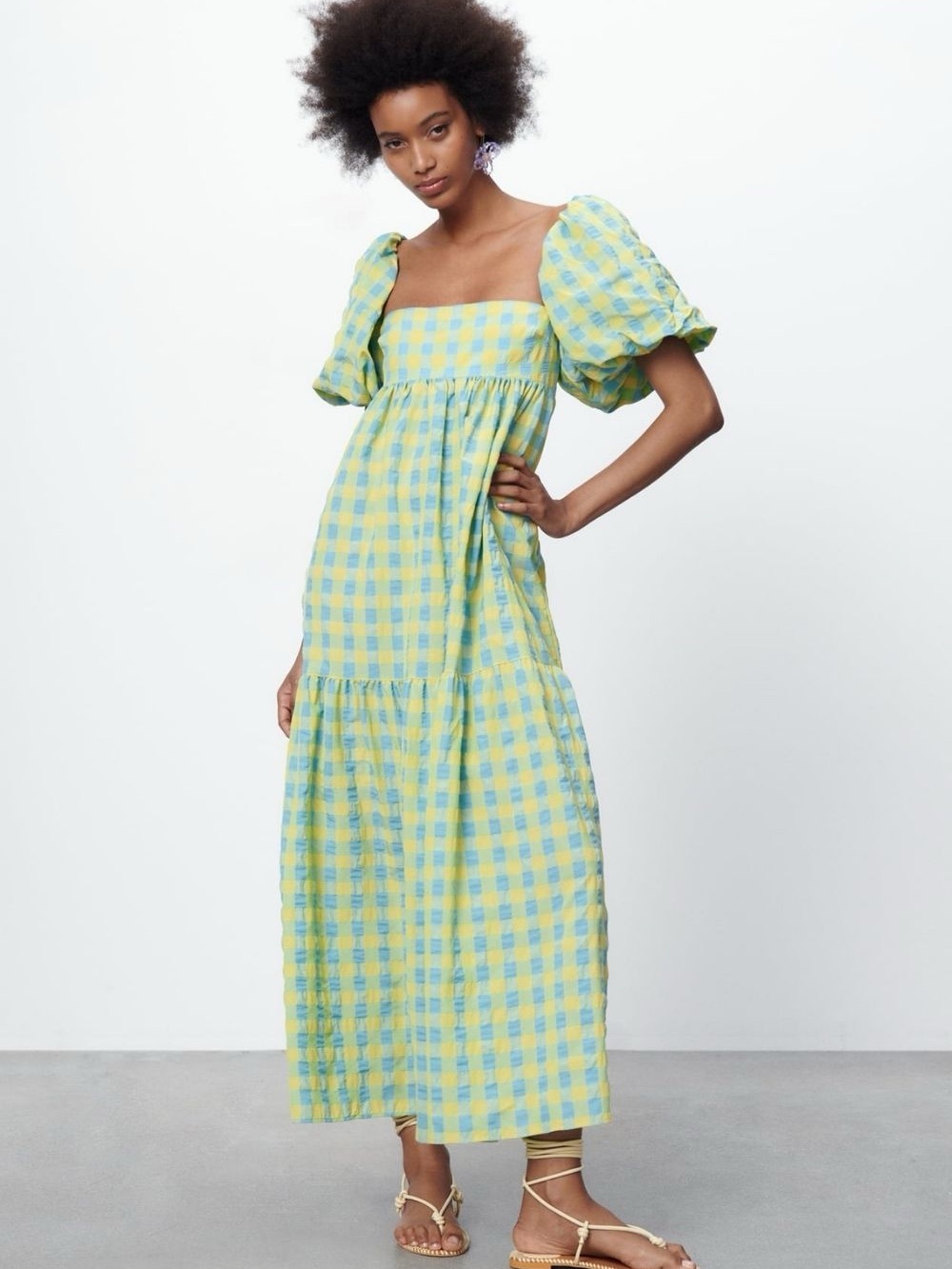 Zara Yellow & Teal Gingham Puff-Sleeve Maxi Dress - Picture 3 of 11